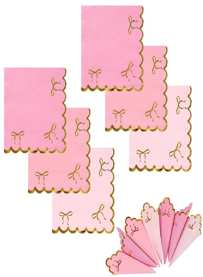 ARQRHTLY 150 Pcs Gold Bow Pink Napkins, Pink Cocktail Napkin with Gold Foil Scalloped Edges 6.5 X 6.5 Inch, Bow Paper Cocktail Napkin for Bachelorette Bridal Party Decor Girls Birthday Baby Shower Supplies - Image 1